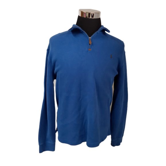 Polo Ralph Lauren Mens Large Blue 1/4 Zip Jersey Sweatshirt Sweater Polo Shirt - Picture 1 of 12